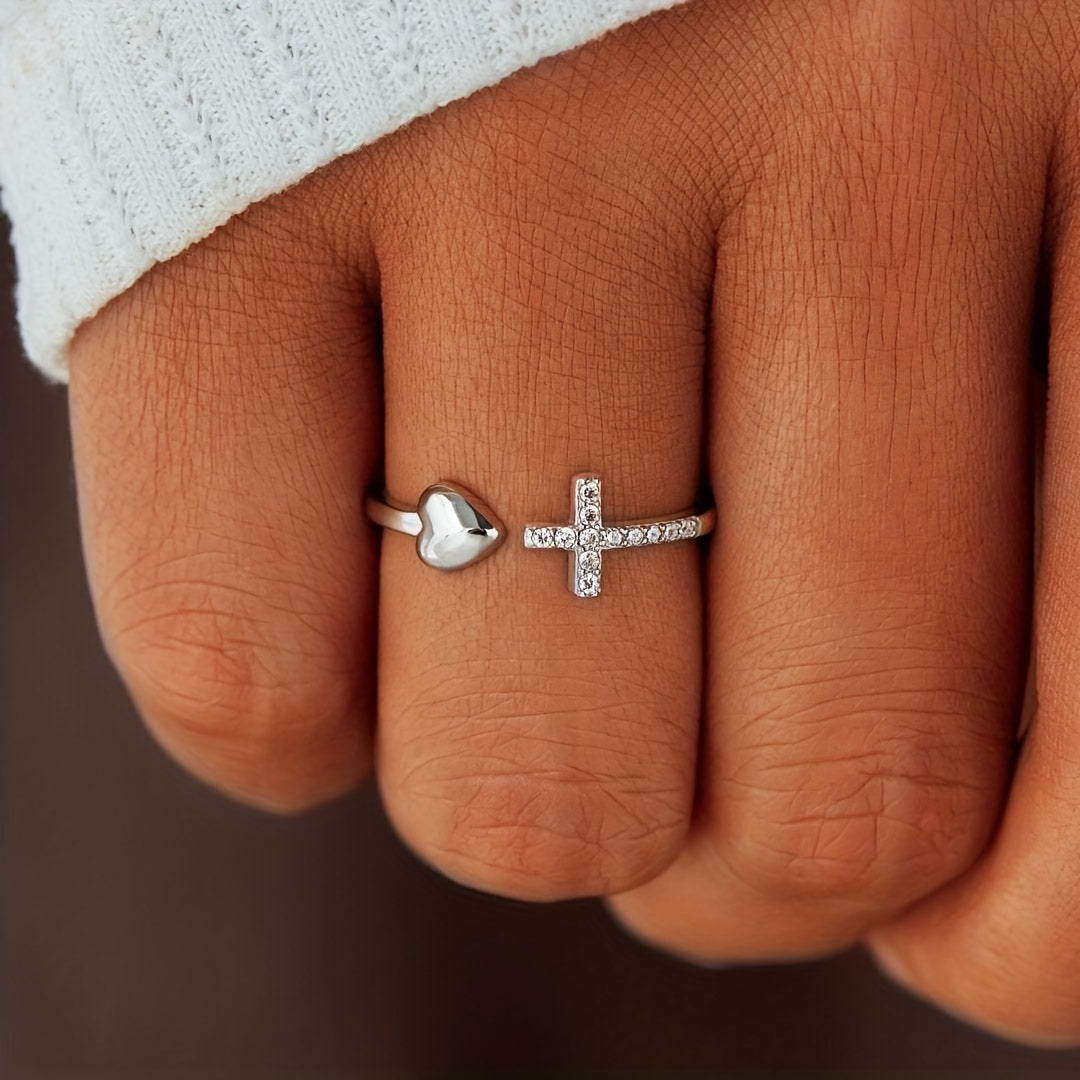 Love Heart & Cross Opening Finger Ring Boho Style Adjustable Finger Jewelry Accessories